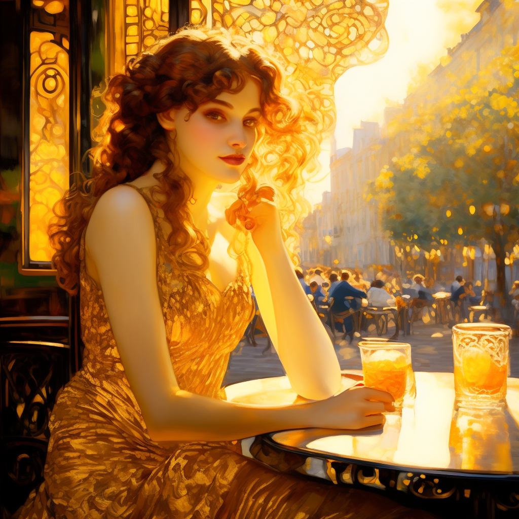 A beautiful girl sitting in a sunny european cafe with tables outside golden summer light, by gustav klimt art, deco art nouveau style, stunning intricate details